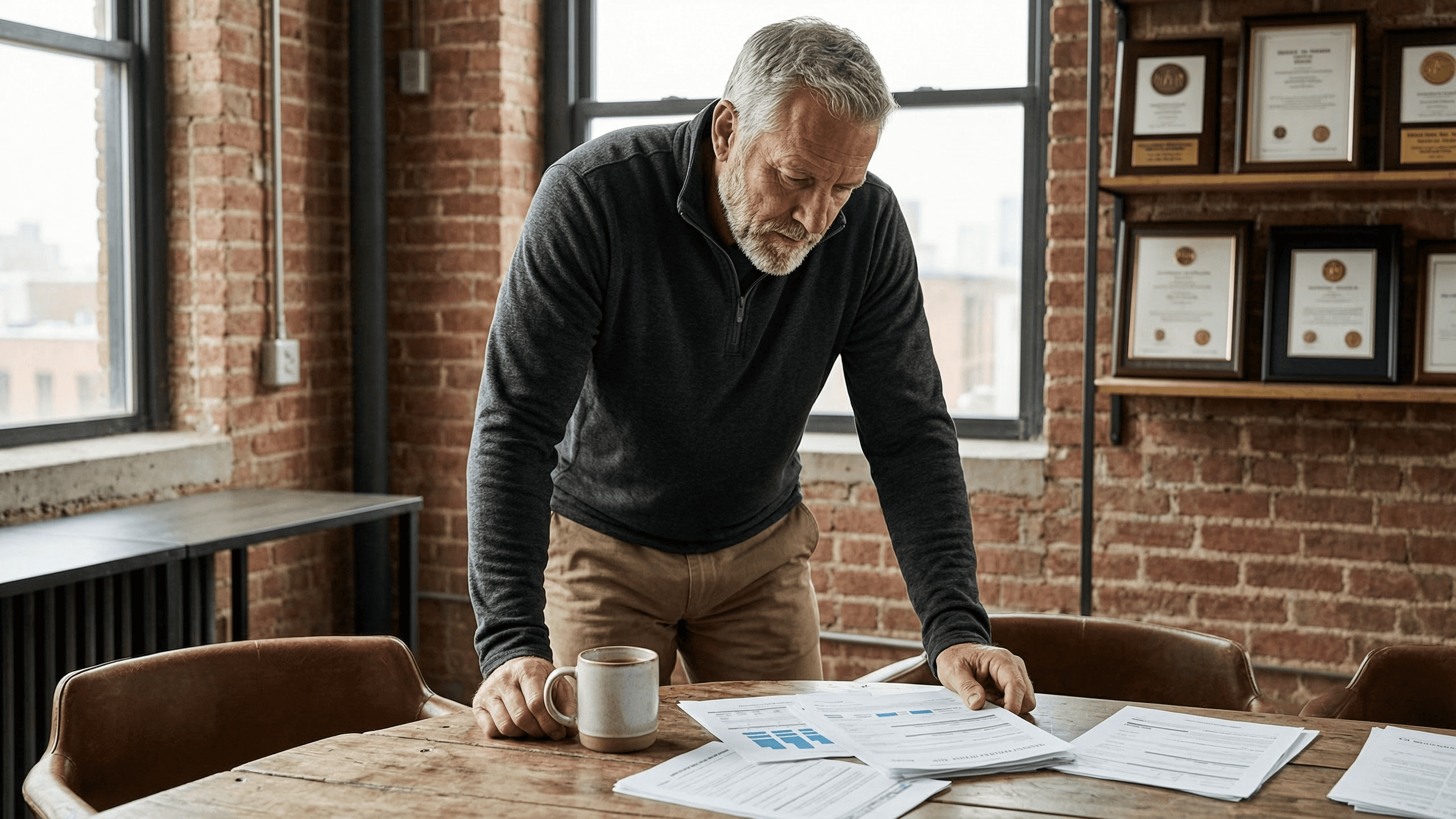 Owner reviewing paperwork in her brick-walled office
