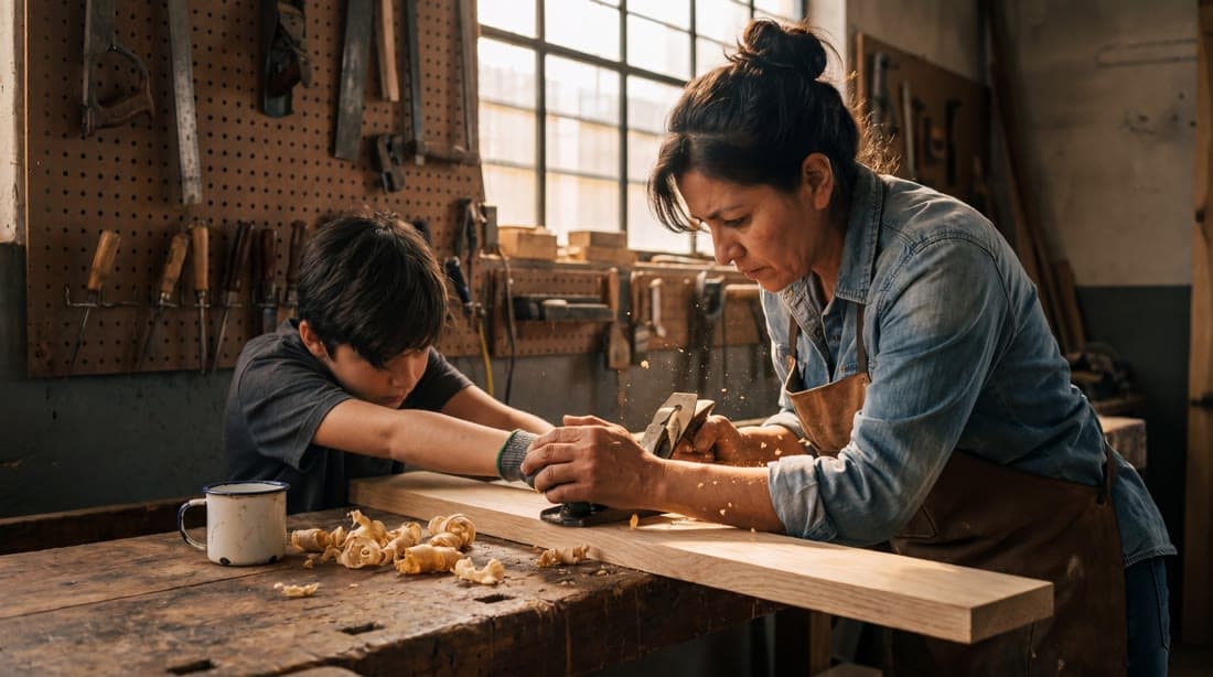 A mother and her son building together in a woodworking shop