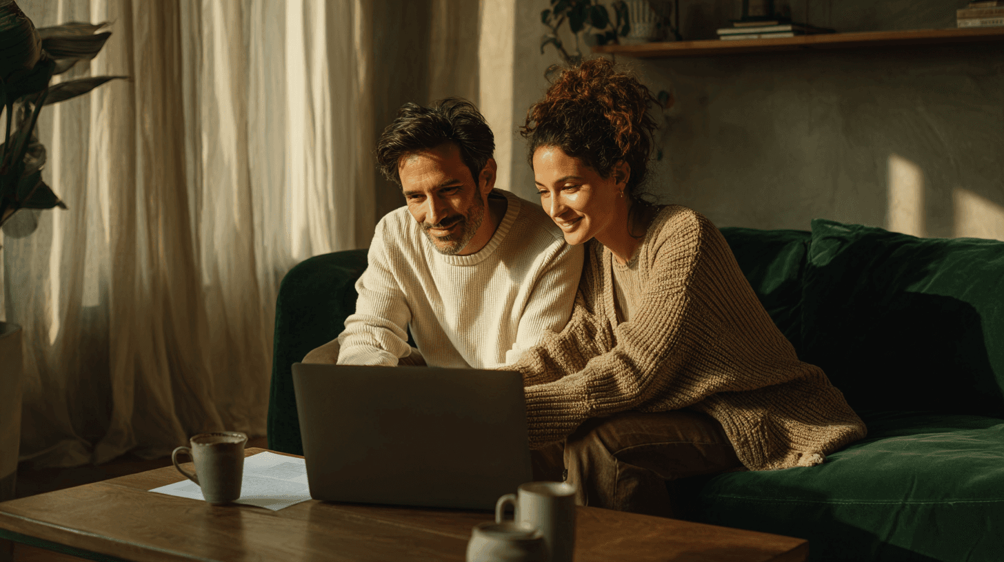 Couple reviewing finances on the couch